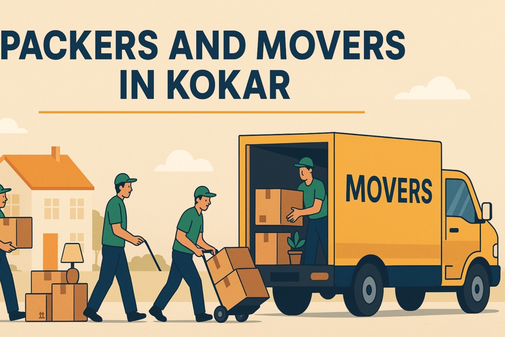 Professional packers and movers in Kokar loading boxes into a moving truck for home relocation.